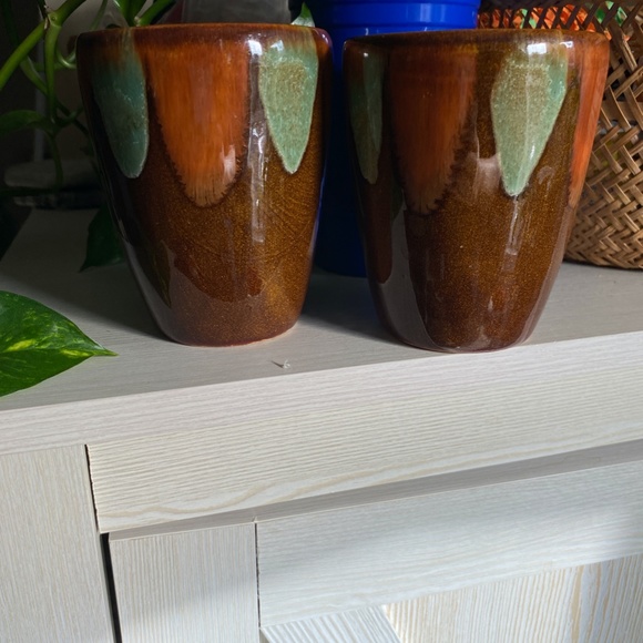 Pair of Vtg Dryden Glossy Drip Glaze Pottery Mug Brown Green Orange 4" w/ Handle - Picture 4 of 6